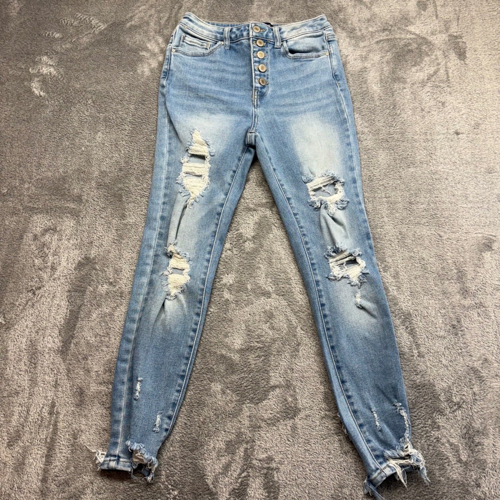Wax Jean Skinny Jeans Women 5/27 Light Blue Good Distressed Button Fly 90215